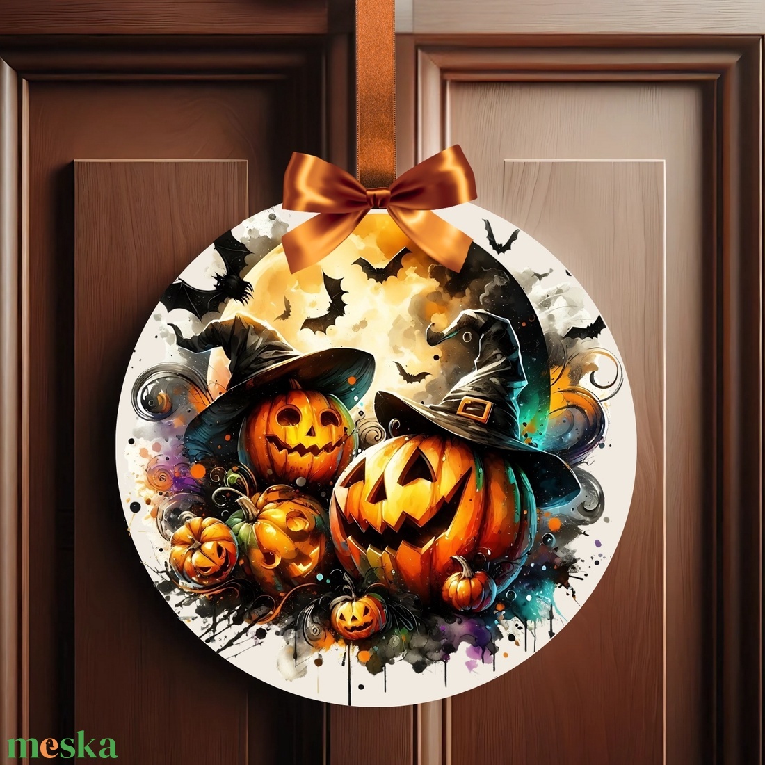 Halloween ajtódísz  vicces halloween töklámpás / denevéres beltéri ajtó kopogtató Ø=20cm  - otthon & életmód - dekoráció - halloween - halloweeni ajtódíszek és ablakdíszek - Meska.hu