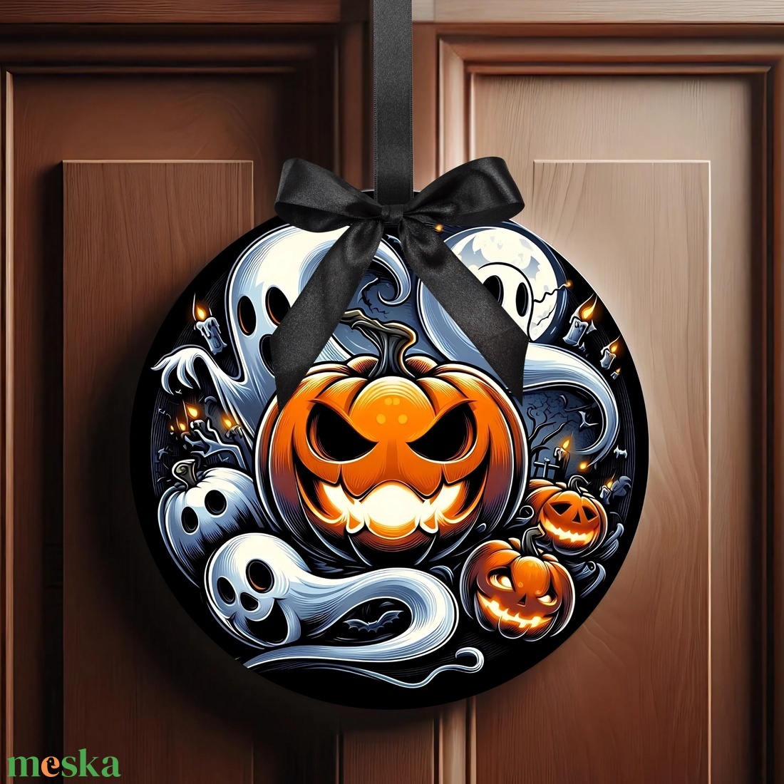 Halloween ajtódísz  vicces halloween töklámpás / szellemes beltéri ajtó kopogtató Ø=20cm  - otthon & életmód - dekoráció - halloween - halloweeni ajtódíszek és ablakdíszek - Meska.hu