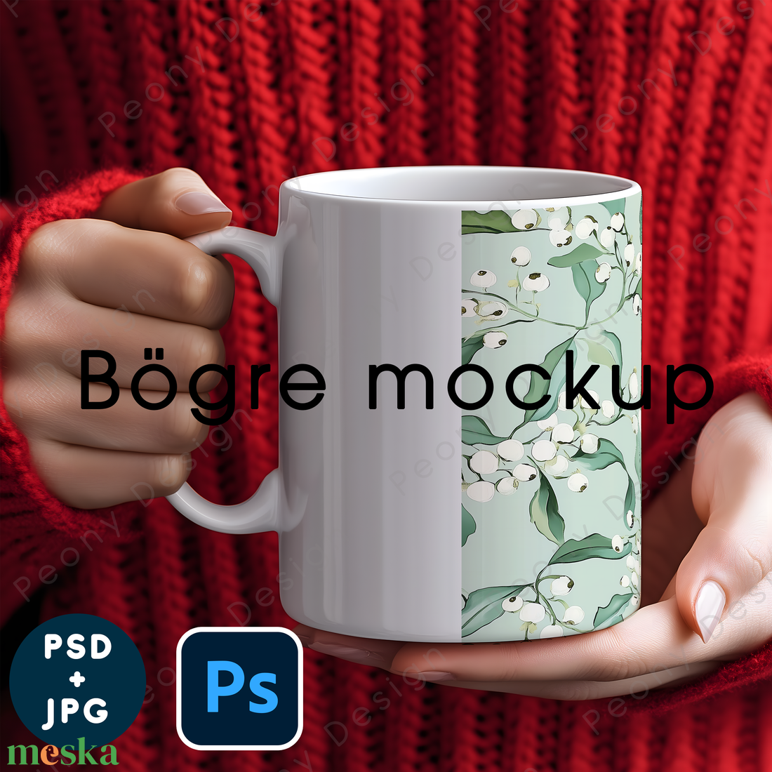 Bögre mockup sablon piros kötött pulcsis női kézben - művészet - grafika & illusztráció - digitális - Meska.hu