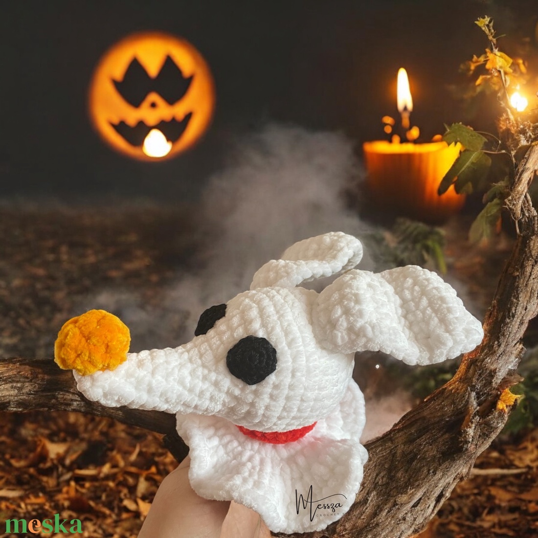 Horgolt Zeró , a szellemkutya amigurumi (Messza) - otthon & életmód - dekoráció - halloween - halloweeni figurák - Meska.hu