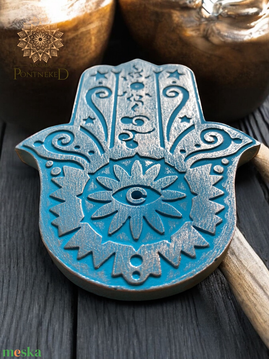 Hamsa kéz füstölő tartó, vagy amulett. (Keleti kék, rózsaarany wax) - otthon & életmód - dekoráció - spiritualitás - füstölő és füstölőtartó - Meska.hu