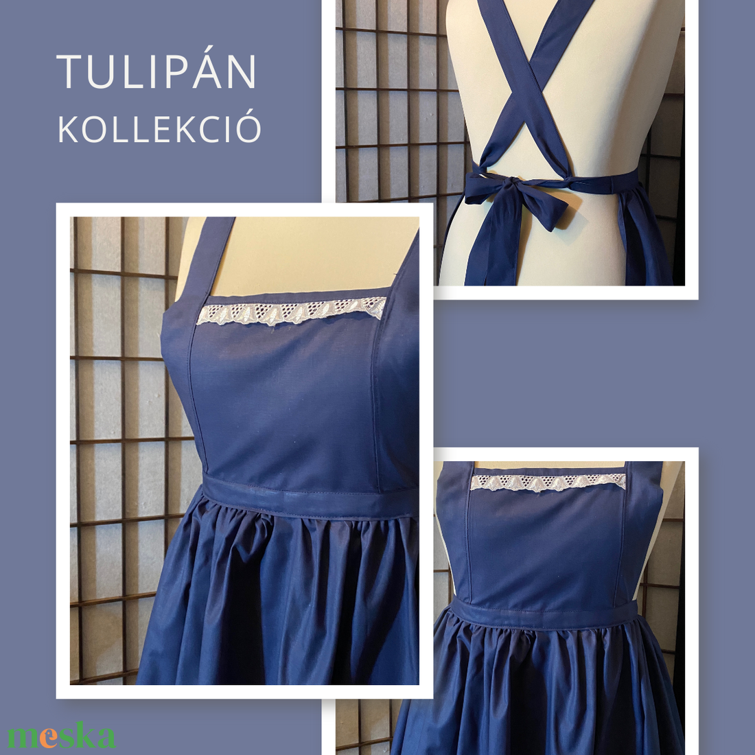 Tulipán kollekció- sötétkék kötény - otthon & életmód - konyhafelszerelés, tálalás - konyhai textil - kötény - Meska.hu