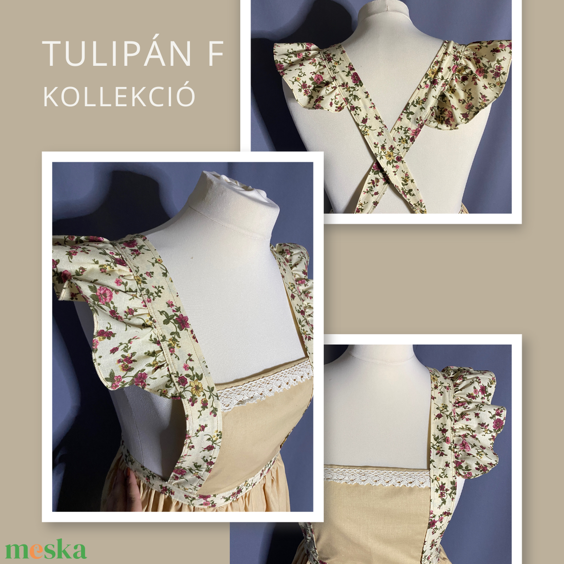 Tulipán F kollekció- bézs kötény - otthon & életmód - konyhafelszerelés, tálalás - konyhai textil - kötény - Meska.hu