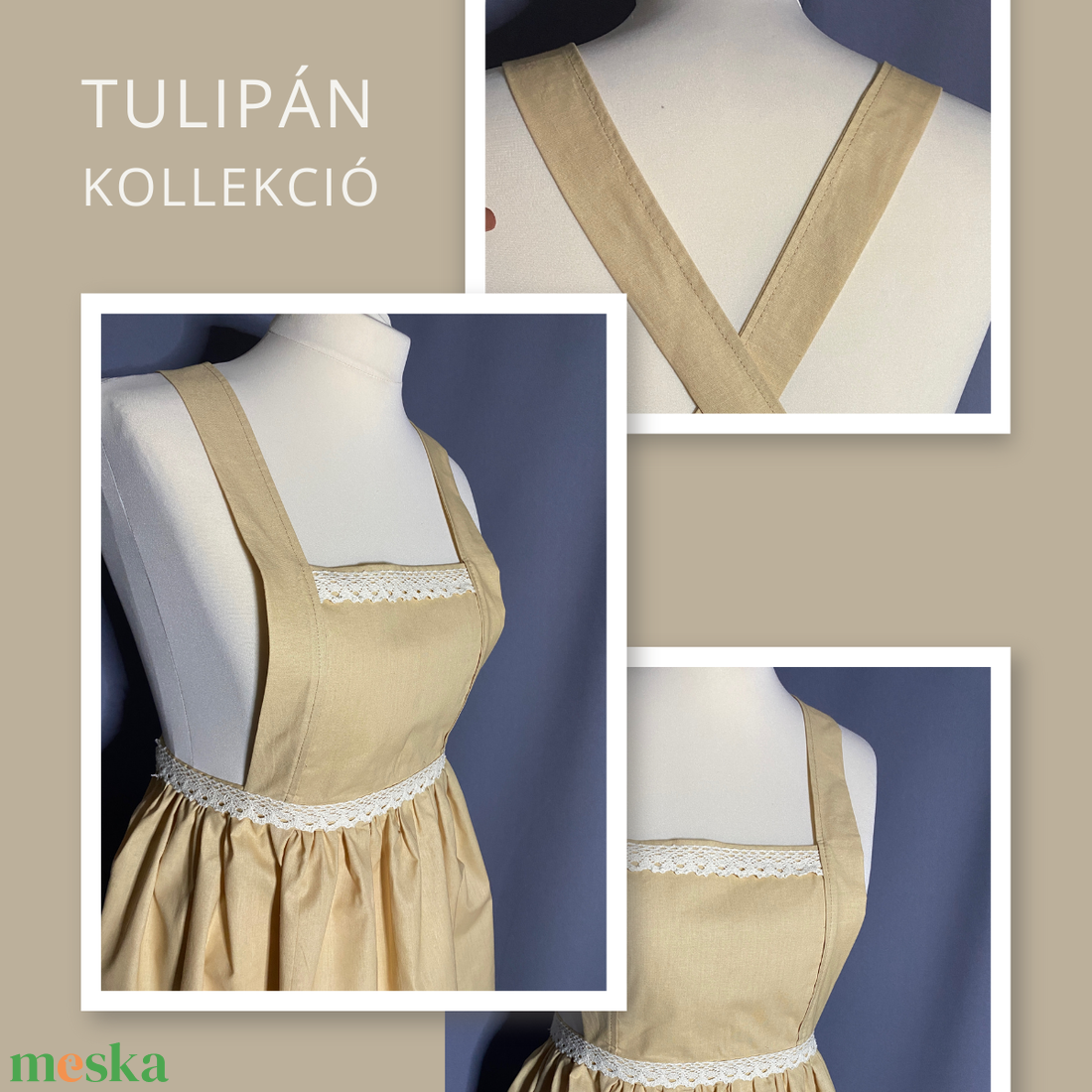 Tulipán kollekció- bézs kötény - otthon & életmód - konyhafelszerelés, tálalás - konyhai textil - kötény - Meska.hu