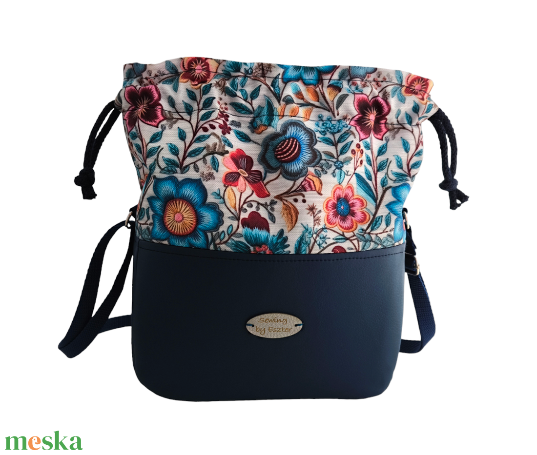 Kék virágos különleges női táska - Vödör táska / Crossbody - táska & tok - kézitáska & válltáska - válltáska - Meska.hu