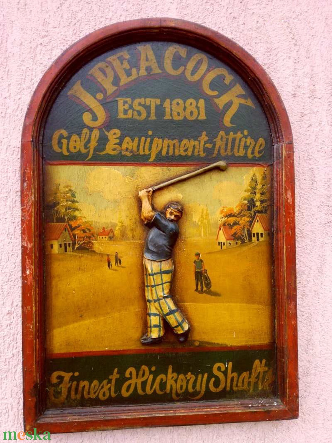 Antik festett reklámtábla domborműves faragvánnyal, J. Peacock Golf Equipment 1881, keretezve - művészet - festmény - olajfestmény - Meska.hu