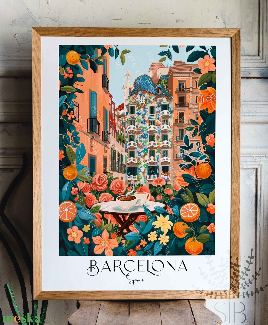 Barcelona grafika falikép, színes virágos, Casa Batlló illusztráció - otthon & életmód - dekoráció - kép & falikép - poszter - Meska.hu