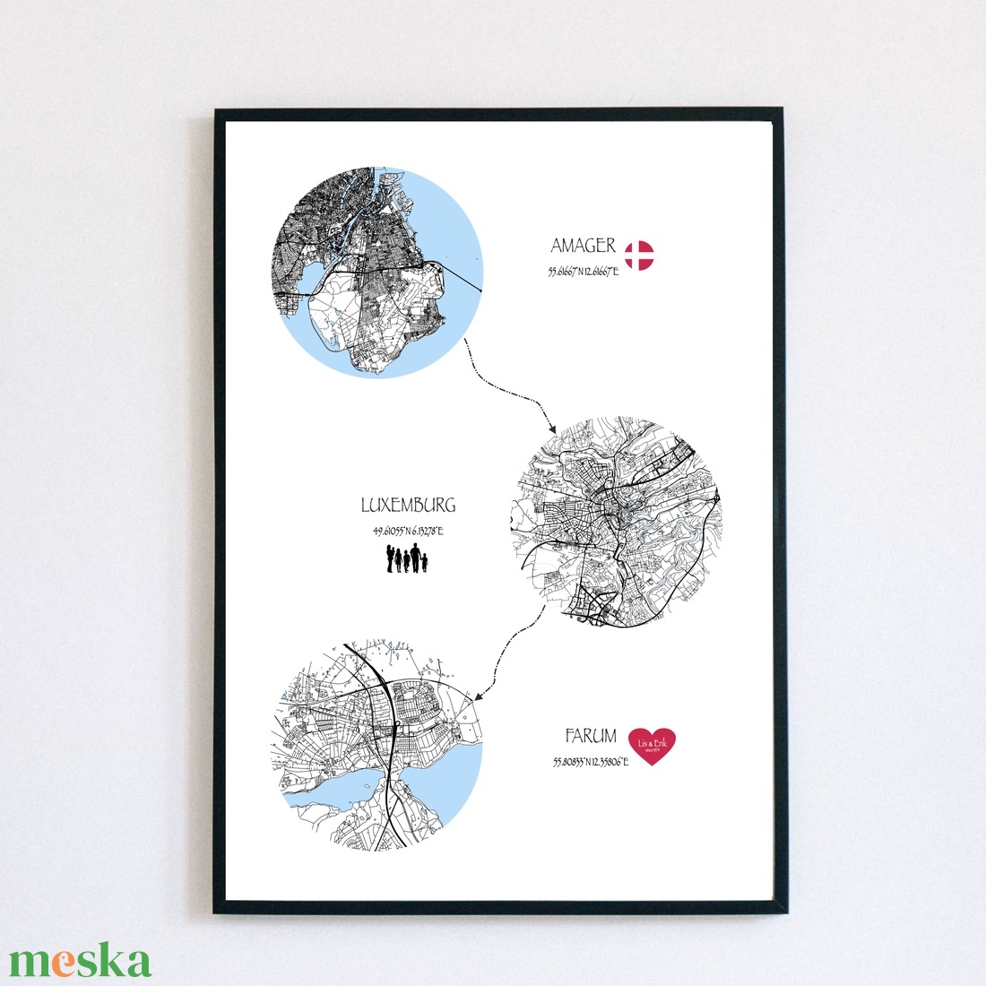 Egyedi életút térkép - 3  választható helyszínnel, egyedi helyszínmegjelöléssel - otthon & életmód - dekoráció - kép & falikép - poszter - Meska.hu