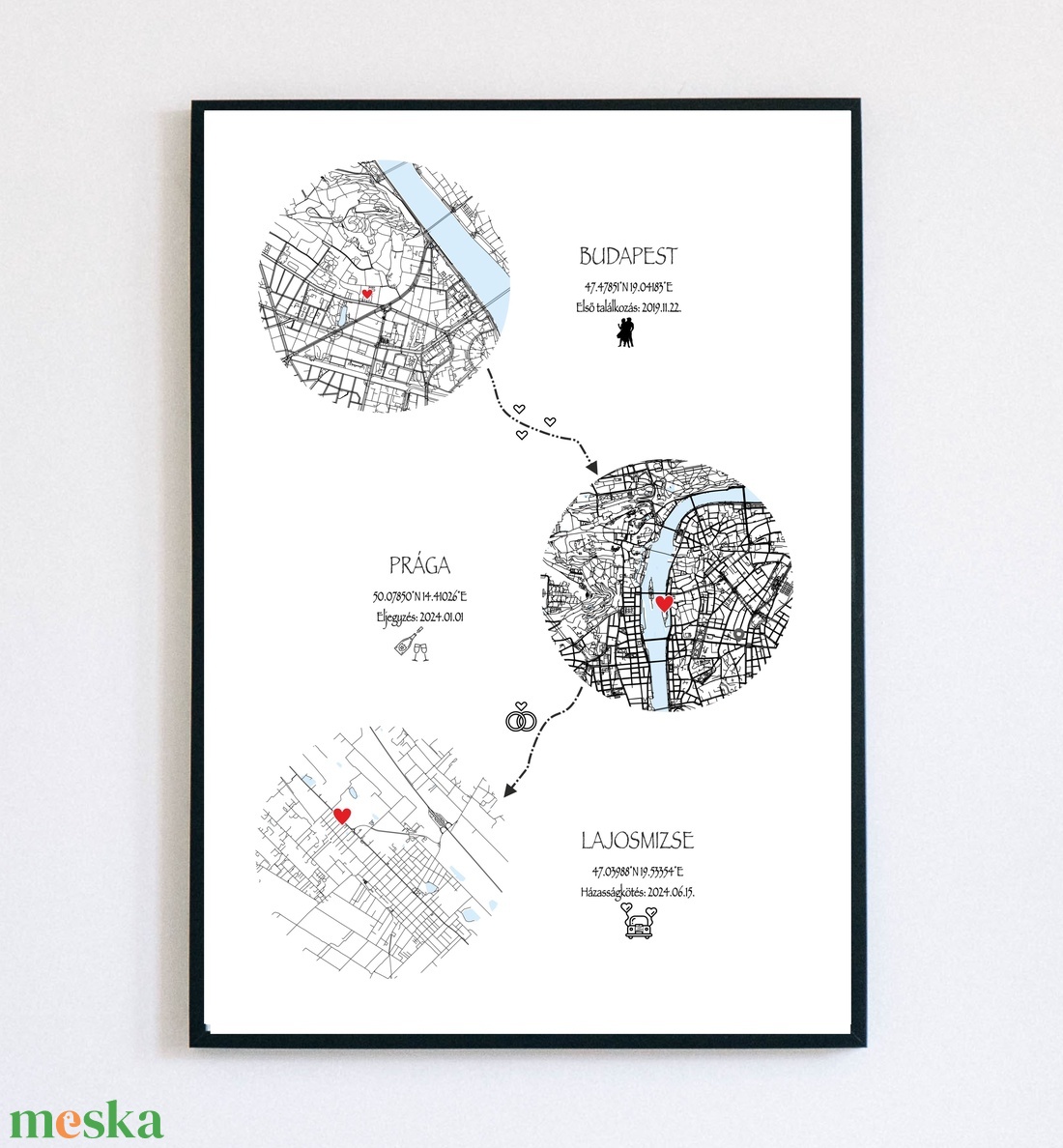 Egyedi életút térkép - 3  választható helyszínnel, egyedi helyszínmegjelöléssel - otthon & életmód - dekoráció - kép & falikép - poszter - Meska.hu