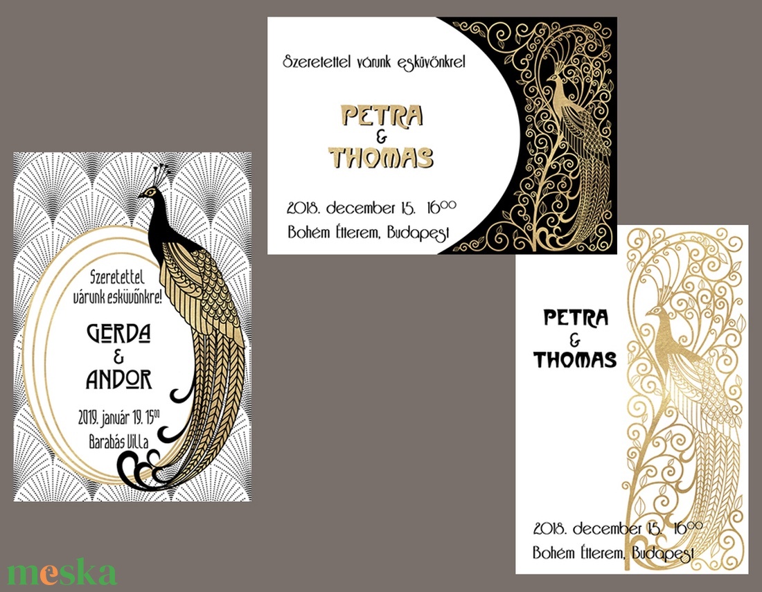 Esküvői meghívó szecessziós pávás ovális kerettel - esküvő - meghívó & kártya - meghívó - Meska.hu