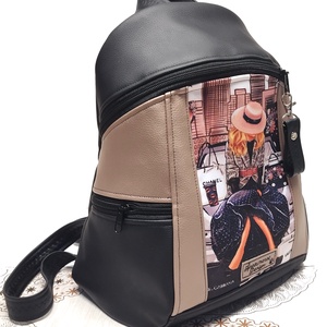 MAXIM BackPack L hátizsák - Hölgy Párizsban púder és fekete alapon textilbőr pántokkal 36x28x16 - táska & tok - hátizsák - hátizsák - Meska.hu