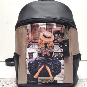 MAXIM BackPack L hátizsák - Hölgy Párizsban púder és fekete alapon textilbőr pántokkal 36x28x16 - táska & tok - hátizsák - hátizsák - Meska.hu