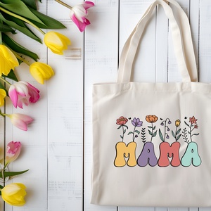 Elegáns Fekete 'MAMA' Virágos Tote Táska - Kifinomult Ajándék Anyák Napjára - táska & tok - bevásárlás & shopper táska - shopper, textiltáska, szatyor - Meska.hu