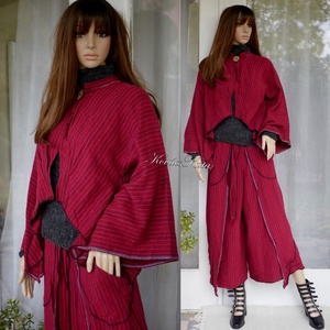 KIMONO - artsy lagenlook kabátka / bordó len - ruha & divat - női ruha - kabát - Meska.hu