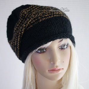 BEANIE LUX / teve - trendi kézzel kötött teveszőr-merinó-kidmohair sapka / fekete+okker, Ruha & Divat, Sál, Sapka, Kendő, Sapka, Kötés, MESKA