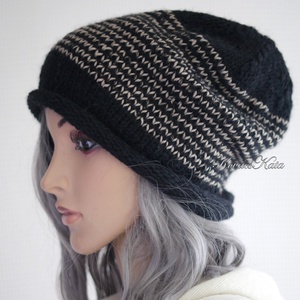 BEANIE LUX / teve - trendi kézzel kötött teveszőr-merinó-kidmohair sapka / fekete+bézs - Meska.hu