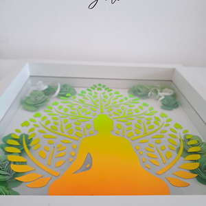 Shadow box - Buddha holografikus fóliával, gyönyörű zöld színű rózsákkal -Györgyi 3D Képkeretei - - karácsony - karácsonyi ajándékozás - karácsonyi képeslap, üdvözlőlap, ajándékkísérő - Meska.hu