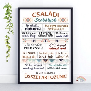 Boho stílusú Családi Szabályok falikép, print vagy táblakép. Konyhai dekor kép, családi ajándék házavatóra - otthon & életmód - dekoráció - fali és függő dekoráció - falra akasztható dekor - Meska.hu