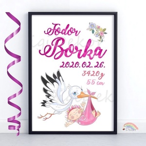 Gólyás születési tábla kislányoknak, születésnapi poszter, névre szóló falikép babaszobába, babalátogató ajándék, Otthon & Lakás, Dekoráció, Kép & Falikép, Poszter, Fotó, grafika, rajz, illusztráció, MESKA