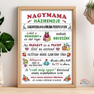 Nagymama Házirendje kalocsai mintákkal, print vagy táblakép, ajándék anyák napjára, karácsonyra, népi motívumokkal , Otthon & Életmód, Dekoráció, Fali és függő dekoráció, Falra akasztható dekor, Fotó, grafika, rajz, illusztráció, MESKA