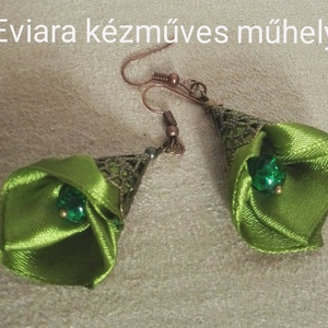 Jázmin, zöld fülbevaló, textil ékszer, Ékszer, Fülbevaló, Lógó fülbevaló, Ékszerkészítés, MESKA