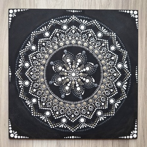 Pontozott mandala - fekete, fehér, ezüst, Otthon & Lakás, Dekoráció, Spiritualitás, Mandala, Festészet, MESKA