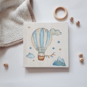 Hőlégballon kék- bézs színben- Egyedi kézi festett falikép, baba és gyerekszobai dekoráció, rendelhető más mintával is! - Meska.hu