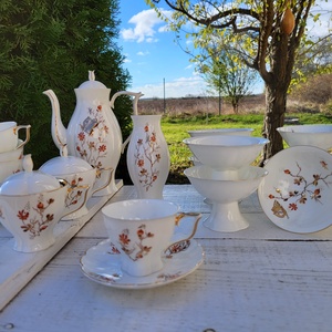 Csodás, ritka, kézzel festett, elegáns, litván JIESIA porcelán kávéskészlet, fagyis kelyhek, váza, Otthon & Életmód, Konyhafelszerelés, tálalás, Tálalás, Teás- és kávés pohár, készlet, , MESKA