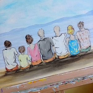 Személyre szabható családi festmény hátulról, parton ülő család- eredeti festmény, rendeld meg saját családtagjaiddal - Meska.hu