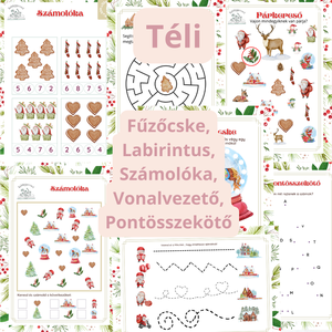 KCS 1 Téli Karácsonyi Számolóka, fűzőcske, Labirintus, Pontösszekötő, Vonalvezető, Karácsony, Mikulás, Mikulás ajándékok, Mindenmás, MESKA