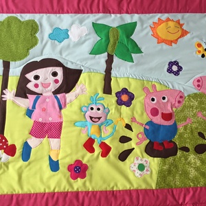 patchwork falvédő,takaró, Dóra, Lili hercegnő, Benő manó, Peppa malac,  - otthon & életmód - babaszoba, gyerekszoba - falvédő gyerekszobába - Meska.hu