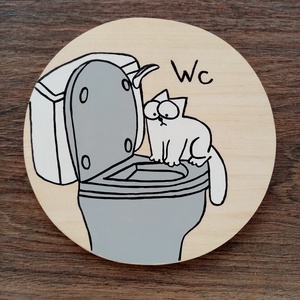 Simon's cat  - Wc tábla . Ajtójelölő tábla, ajtó jelölő tábla, névtábla, felirat, kopogtató, Otthon & Életmód, Dekoráció, Fali és függő dekoráció, Felirat, Festészet, Festett tárgyak, MESKA