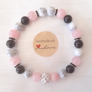 Achát - Howlite - Ónix ásványkarkötő ezüst színű shamballával, Ékszer, Karkötő, Gyöngyös karkötő, Ékszerkészítés, MESKA