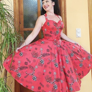 Pinup Rockabilly ruha, LIMITÁLT, szarvasok, skótkockás karácsonyi mintás piros hópehely , Ruha & Divat, Női ruha, Ruha, Varrás, MESKA