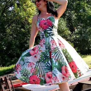 Pinup Rockabilly ruha, hibiszkusz trópusi mintás, virágos - ruha & divat - női ruha - ruha - Meska.hu