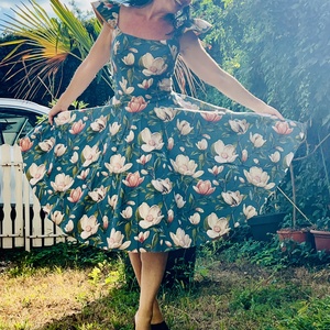 Rockabilly Pinup ruha, Magnolia petrol alapon virág,  - ruha & divat - női ruha - ruha - Meska.hu