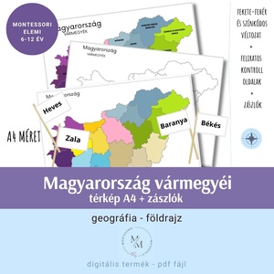 Magyarország vármegyéi térkép - A4 plakátok + térkép zászlók a vármegyék neveivel, Játék & Sport, Készségfejlesztő és Logikai játék, Oktató játékok, Fotó, grafika, rajz, illusztráció, MESKA