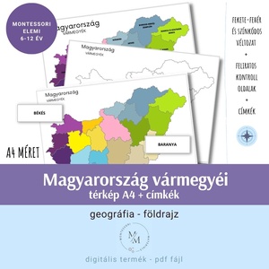 Magyarország vármegyéi térkép - A4 plakátok + térkép címkék a vármegyék neveivel - játék & sport - készségfejlesztő és logikai játék - oktató játékok - Meska.hu