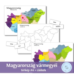 Magyarország vármegyéi térkép - A4 plakátok + térkép címkék a vármegyék neveivel - játék & sport - készségfejlesztő és logikai játék - oktató játékok - Meska.hu