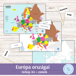 Európa országai Montessori térkép - A4 plakátok + térkép címkék vagy zászlók az országok neveivel - játék & sport - készségfejlesztő és logikai játék - oktató játékok - Meska.hu