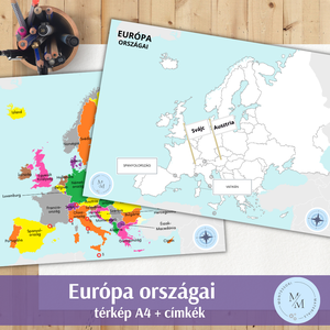 Európa országai Montessori térkép - A4 plakátok + térkép címkék vagy zászlók az országok neveivel - játék & sport - készségfejlesztő és logikai játék - oktató játékok - Meska.hu