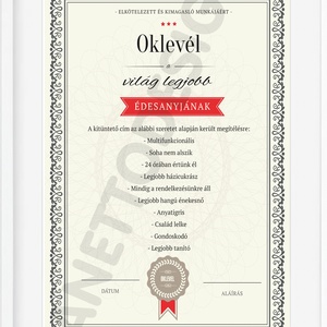 Legjobb Anya, anyáknapja Legjobb Anyu, Édesanya, Mama oklevél, certification, legjobb, kitüntetés Szülinapi poszter -  - Meska.hu