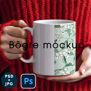 Bögre mockup sablon piros kötött pulcsis női kézben, Művészet, Grafika & Illusztráció, Digitális, Fotó, grafika, rajz, illusztráció, MESKA