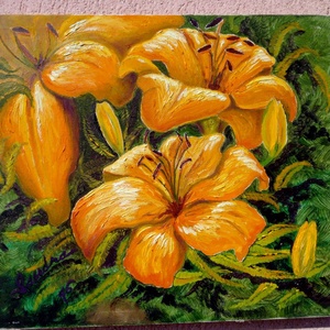 Orange flovers by Sandra, modern impresszionista stílusú feszített olaj-vászon festmény, Művészet, Festmény, Olajfestmény, Festészet, MESKA