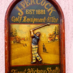 Antik festett reklámtábla domborműves faragvánnyal, J. Peacock Golf Equipment 1881, keretezve, Művészet, Festmény, Olajfestmény, Festészet, MESKA