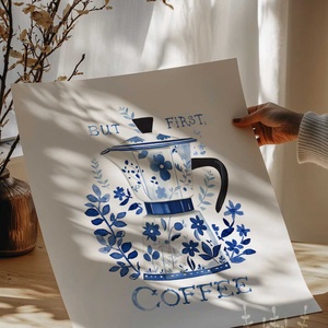 But first coffee print kávéfőző kék virág grafikás konyhai falkép - otthon & életmód - dekoráció - kép & falikép - poszter - Meska.hu