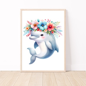 Cuki virágos delfin dekor poszter - A4 falikép, Otthon & Lakás, Babaszoba, gyerekszoba, Babaszoba kép, Fotó, grafika, rajz, illusztráció, Papírművészet, MESKA