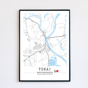 Tokaj fekete-fehér-kék minimalista dekorációs térkép, Otthon & Lakás, Dekoráció, Kép & Falikép, Poszter, Fotó, grafika, rajz, illusztráció, MESKA